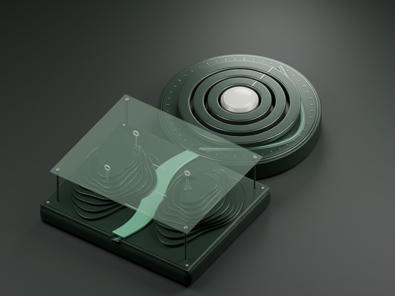 A sculptural landscape of connected terrain and concentric focus rings.