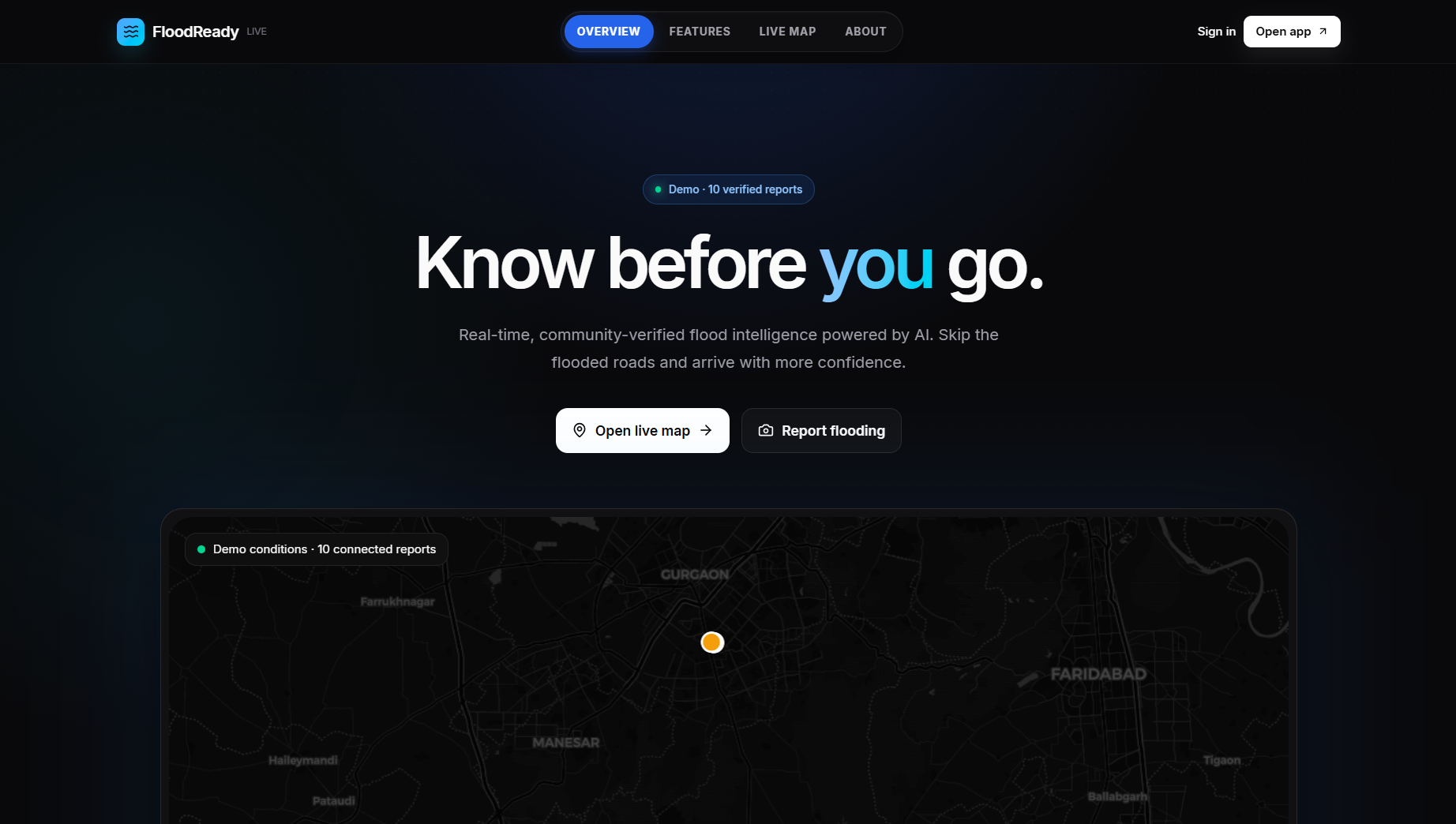 FloodReady landing page and incident map